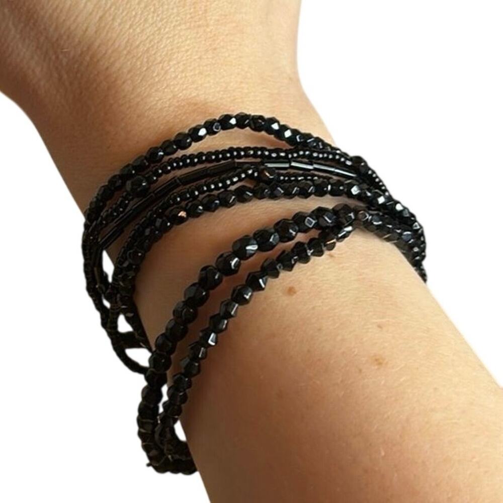 Black Multi Strand Stretch Bracelet Goth Boho Layered Beaded Stack